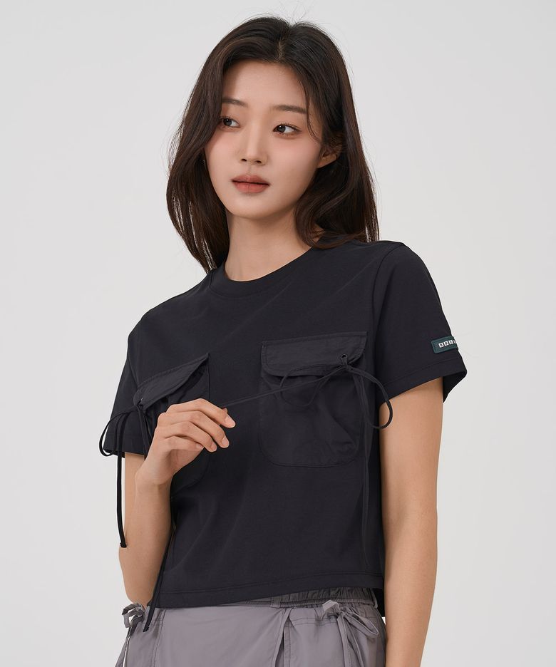W 우븐 패치 포켓 반팔 티셔츠_Black