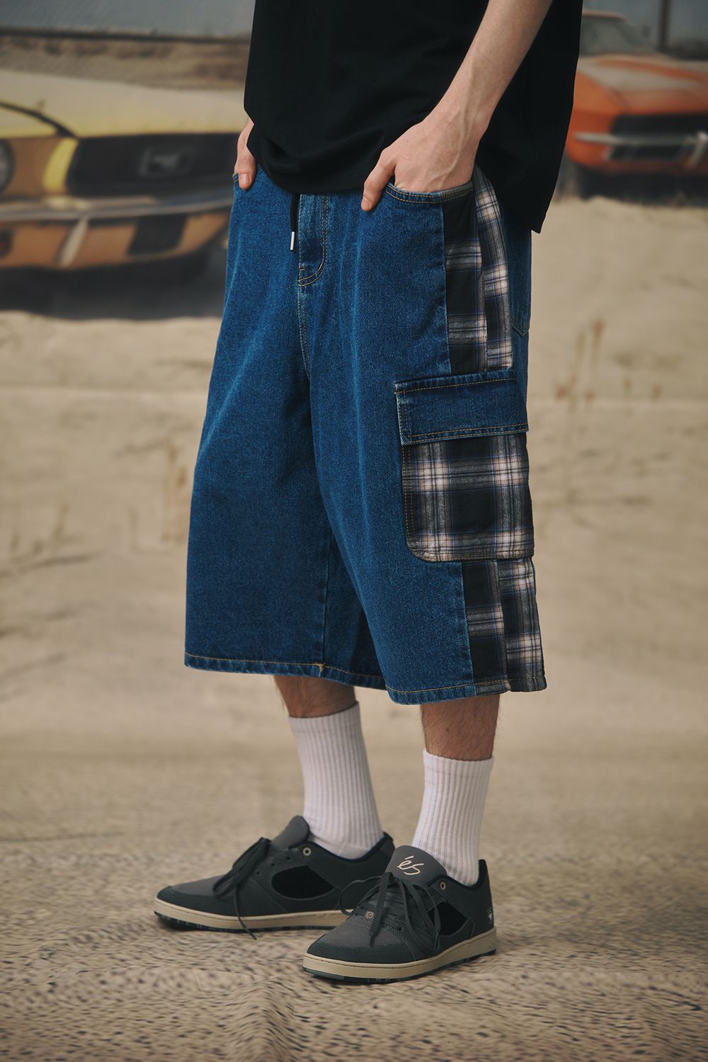 MUSINSA BSRABBIT Carpenter loose fit cargo denim shorts check