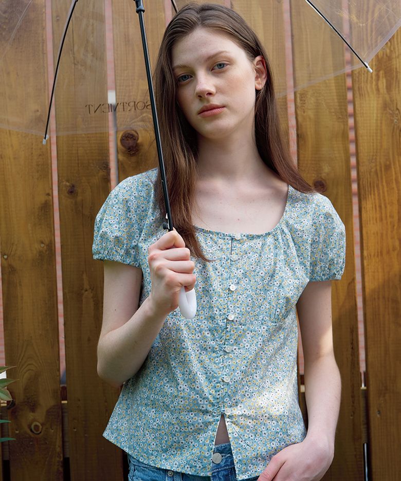 Flower Puff Sleeve Blouse (Green)