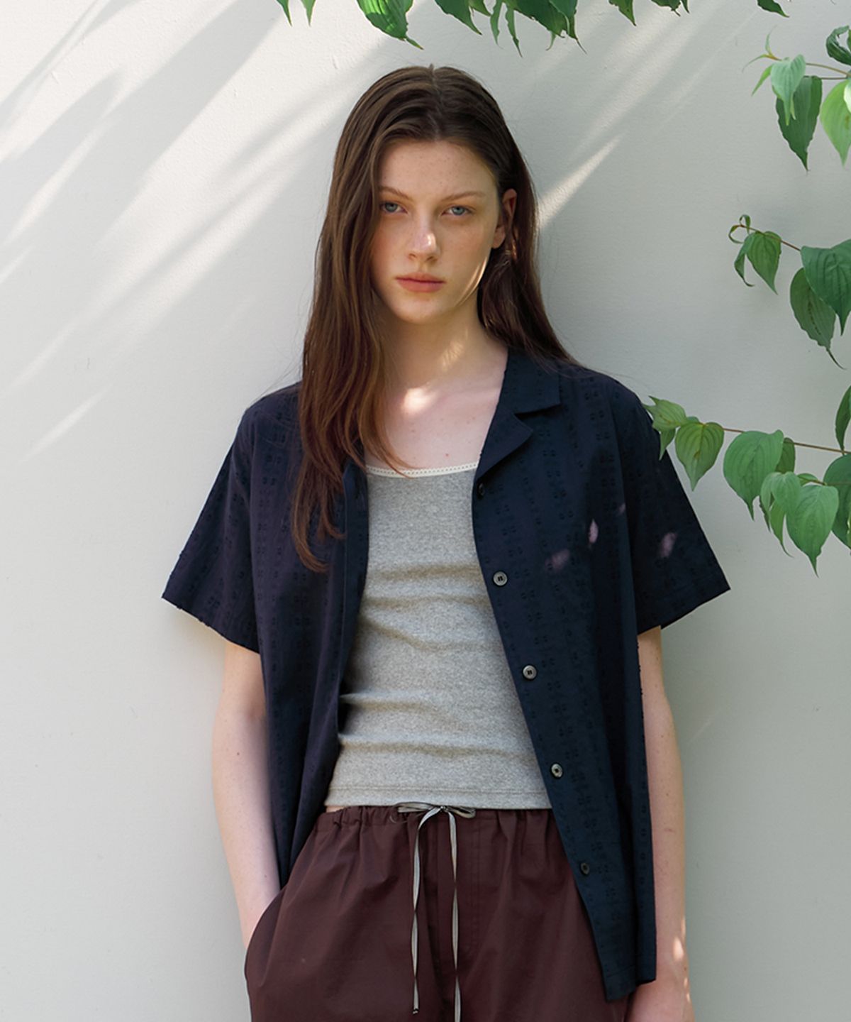 벗튼(BUT'TON) Lace Open Collar Shirts (Navy)
