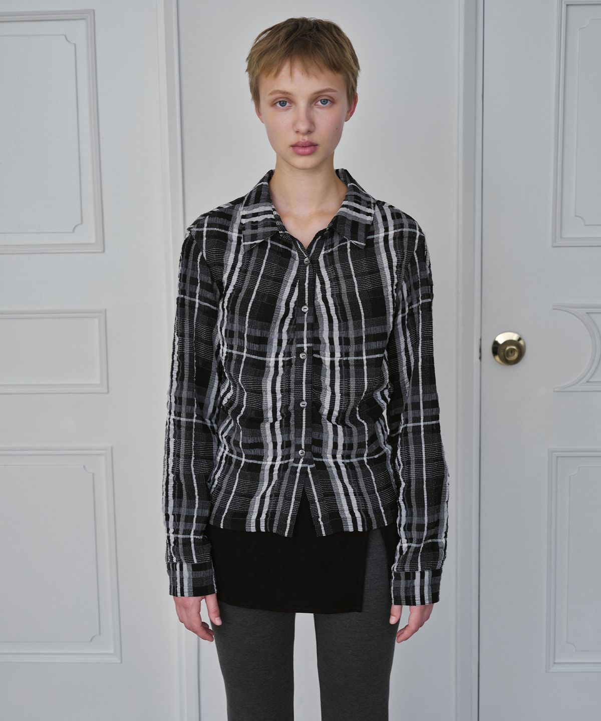 시메트릭 퍼센트(SYMMETRICPERCENT) Crinkle Check Shirt / Black