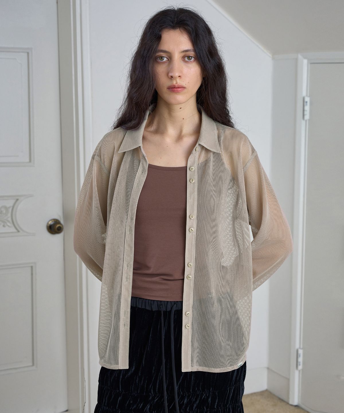 시메트릭 퍼센트(SYMMETRICPERCENT) Sheer Mesh Shirt / Beige
