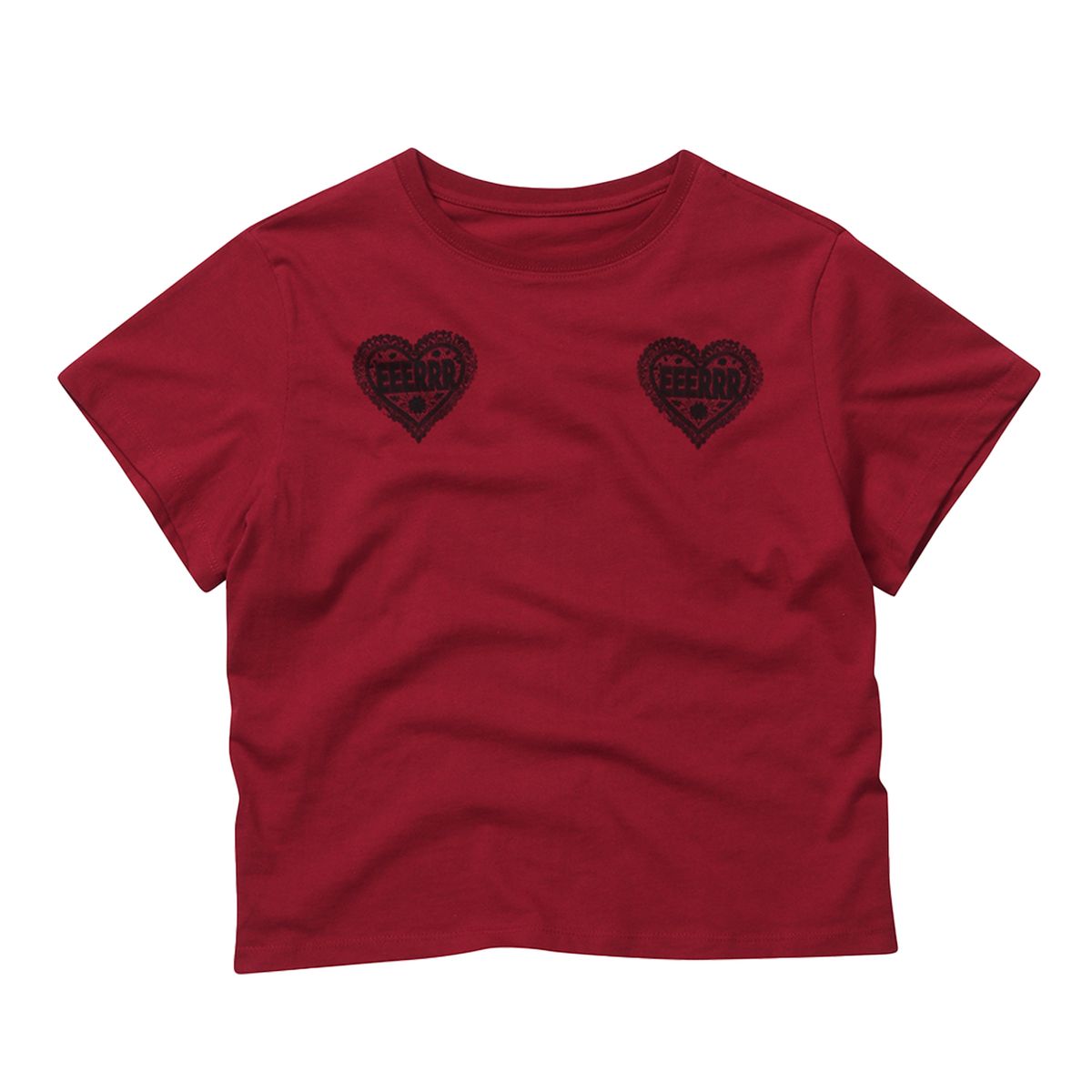 이이이알알알(EEERRR) Heart Lace Artwork Semi-crop T-shirt Red
