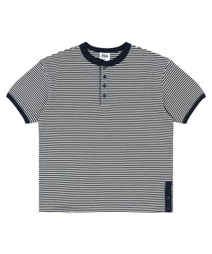 스트라이프 헨리넥 반팔티 - 크림네이비