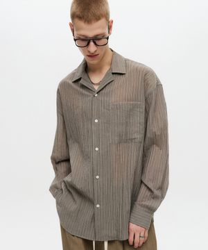 스트라이프 오픈 카라 셔츠 베이지