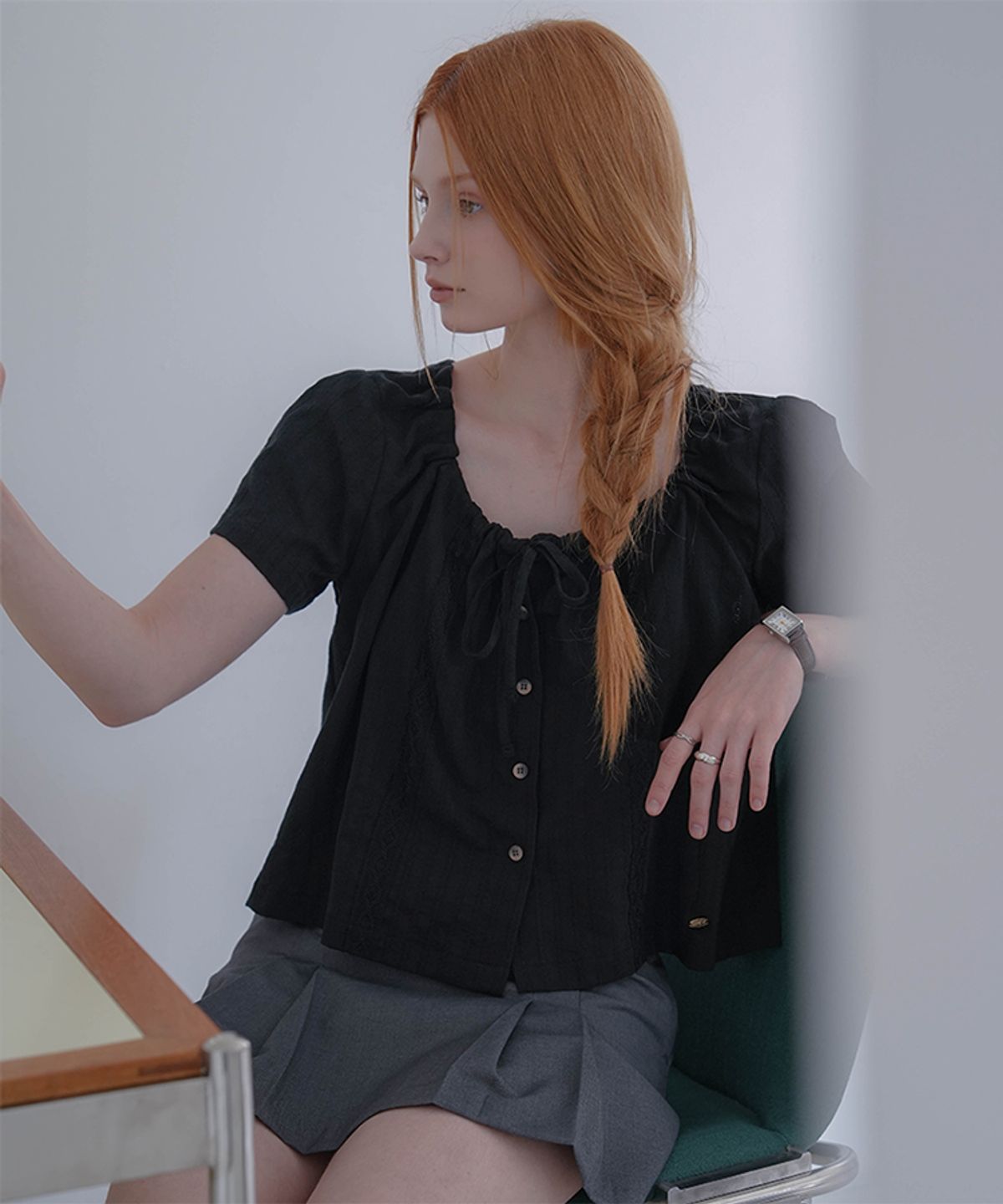 드헤베(DEHEVE) Jacquard Shirring Blouse [Black]