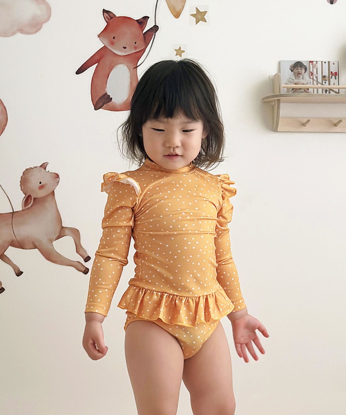 아카시아봉봉(ACACIABONGBONG) 옐로우도트 아기수영복 + 모자SET