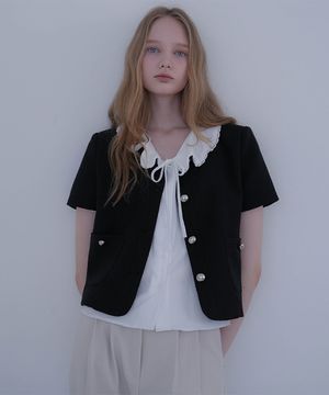 Round Neck Tweed Jacket [Black]