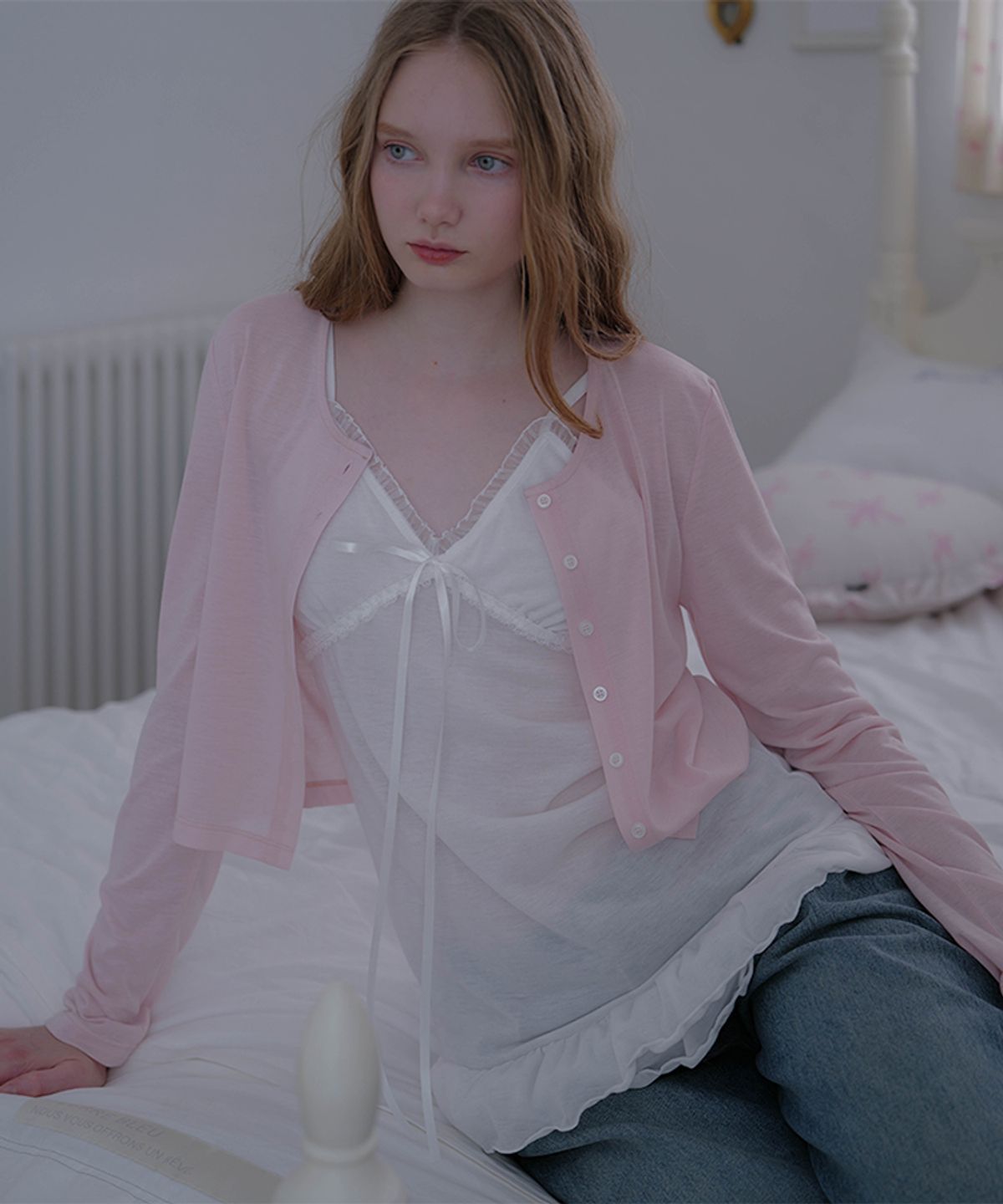 드헤베(DEHEVE) See-Through Soft Cardigan [Pink]