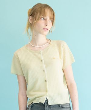 Linen Essential Crewneck Lace Knit Half Cardigan Olive Green