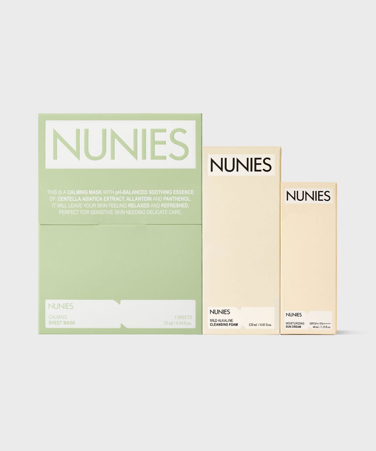뉴니스(NUNIES) [진정케어 세트] 약알칼리성 클렌징폼 120ml+수분 선크림 40ml+진정 마스크 5매