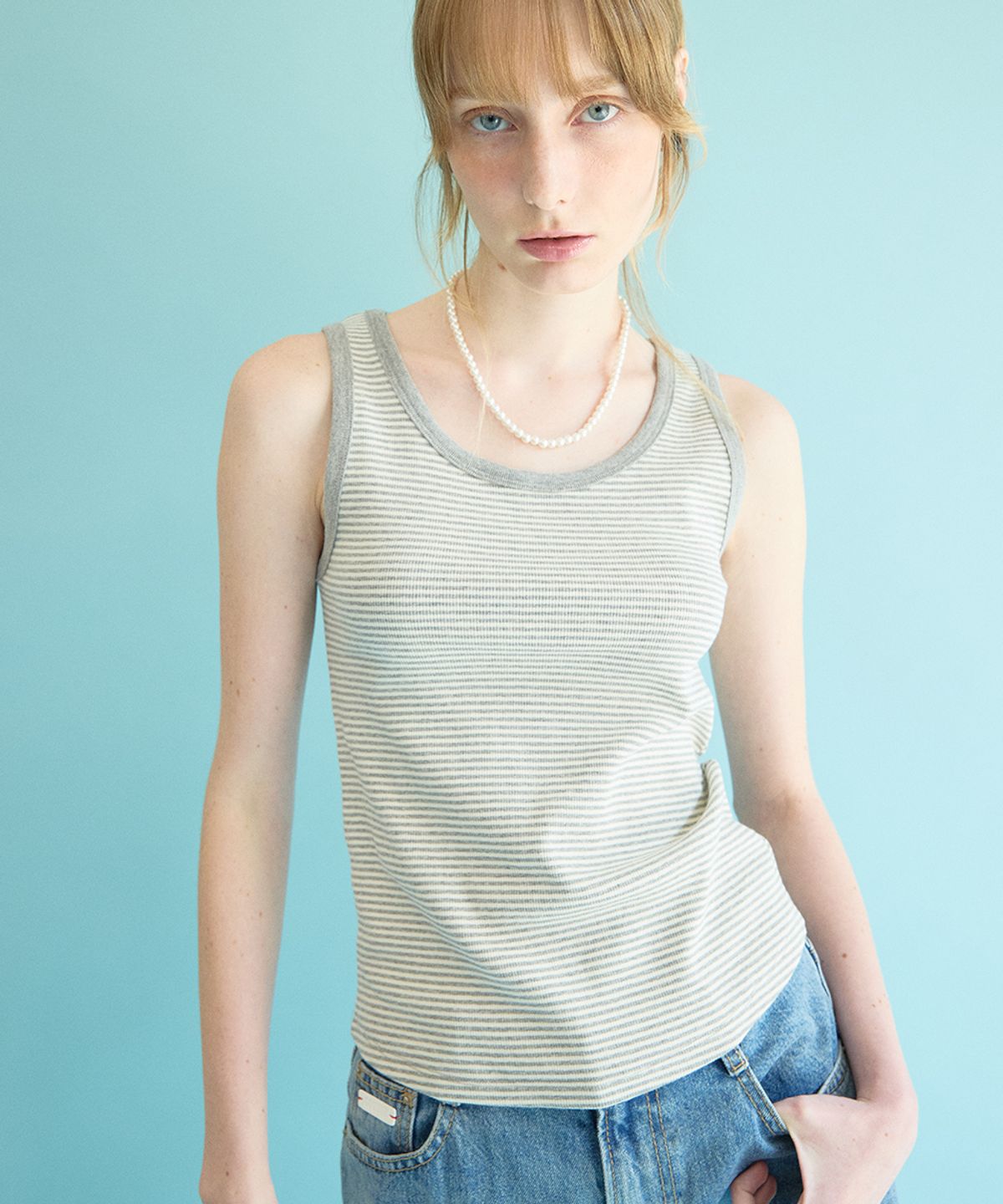 코케트(COQUET) U Neck Stripe Sleeveless Melange Gray