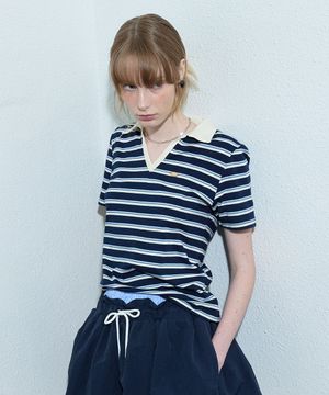 V-Neck Stripe Pique T-Shirt Navy