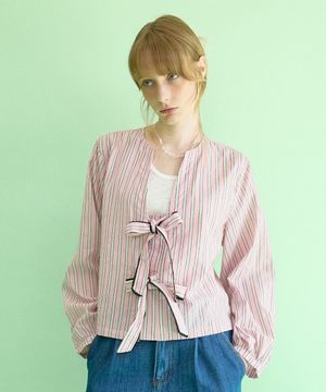 Sheer Ribbon Blouse Pink Stripe