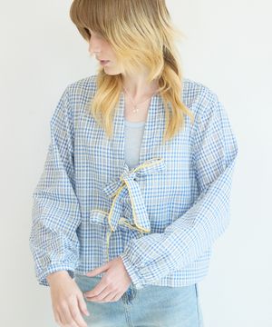Sheersucker Ribbon Blouse Blue Check