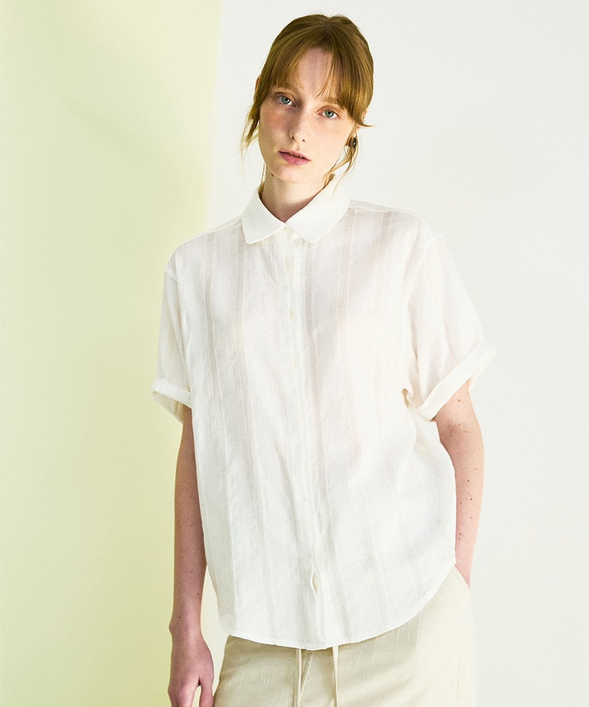코케트(COQUET) Sheer Double Placket Roll Up Shirt Lace Stripe