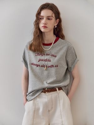 배색 라운드넥 레터링 반팔 티셔츠