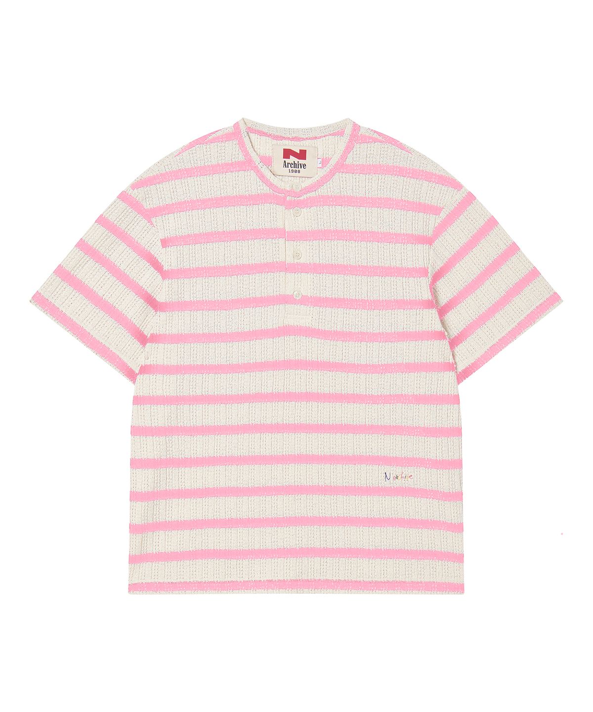 비욘드클로젯(BEYOND CLOSET) [COLLECTION LINE] 럭스 코튼 스트라이프 헨리넥 반팔 니트 핑크