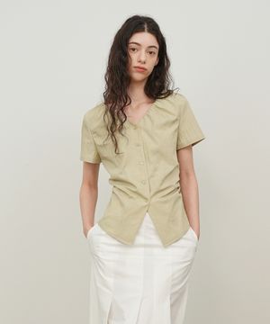 브이넥 셔링 블라우스 / 올리브