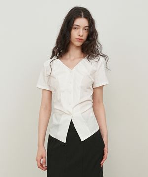 브이넥 셔링 블라우스 / 화이트