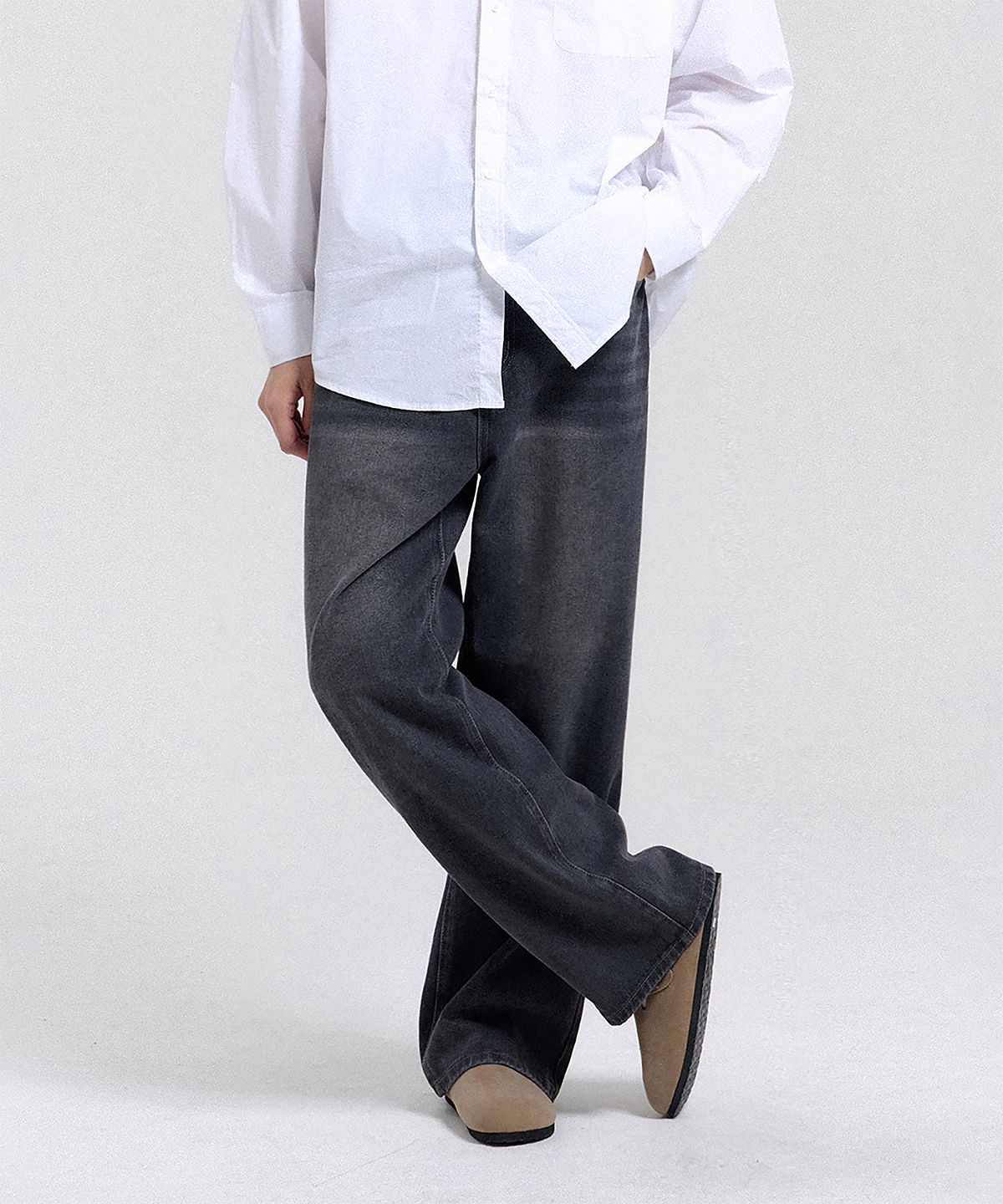 크레드먼스(CREEDMENS) 빈티지 캣워싱 와이드 데님 팬츠 (Gray)