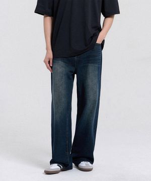 빈티지 캣워싱 와이드 데님 팬츠 (Dark blue)