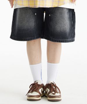리벳 더블니 데님 반바지 (블랙)