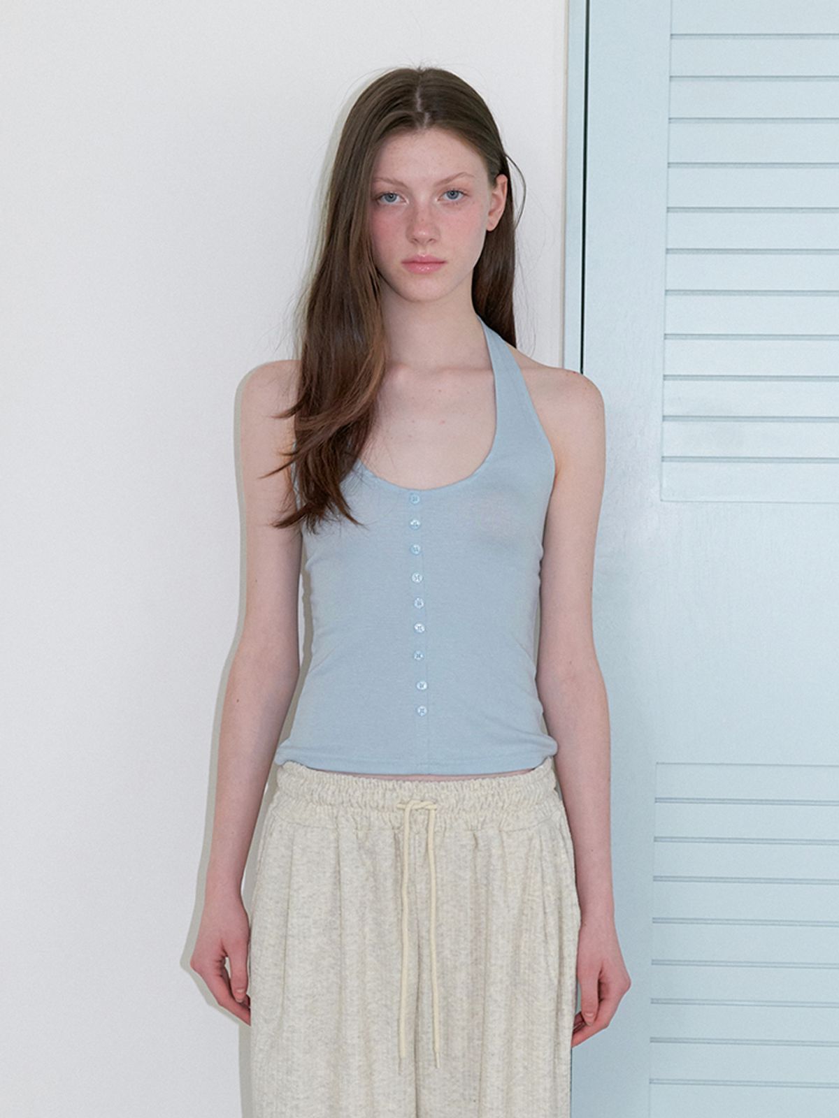 카인더베이비(KINDABABY) button halter top - skyblue