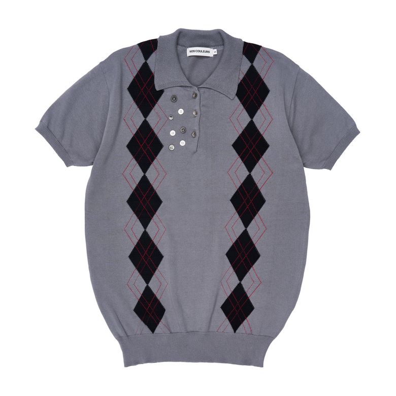 (W)MULTI BUTTON ARGYLL KNIT GREY