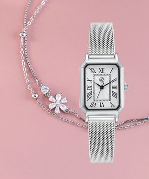 스퀘어 손목시계 화이트스톤 벚꽃두줄팔찌 문구각인