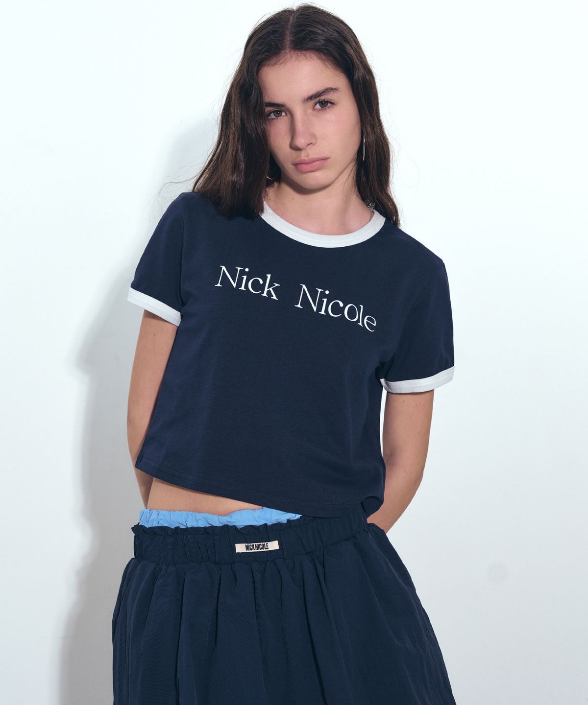 닉앤니콜(NICK&NICOLE) NICOLE PRINTING RINGER CROP TOP_NAVY WHITE