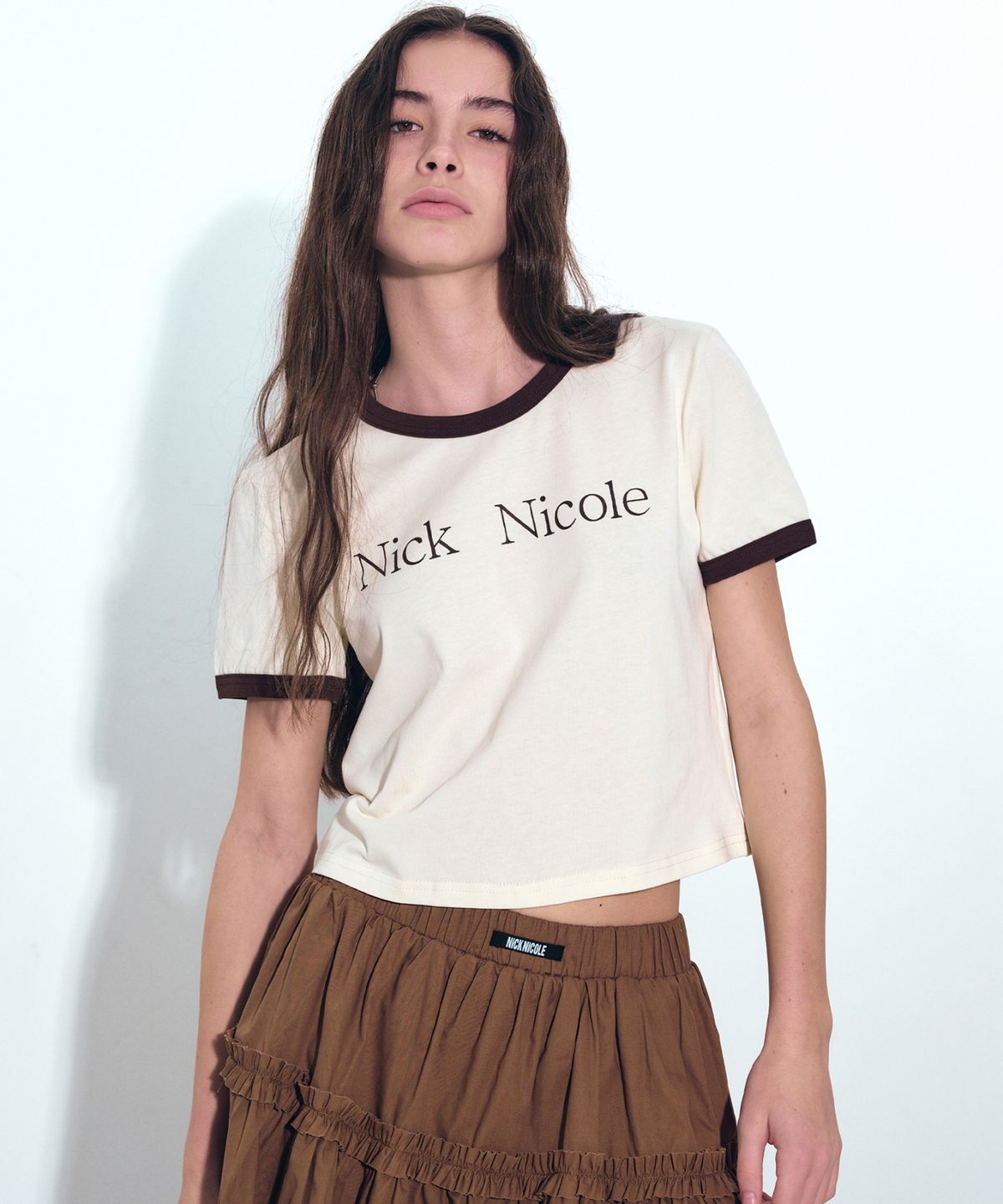 닉앤니콜(NICK&NICOLE) NICOLE PRINTING RINGER CROP TOP_CREAM BROWN