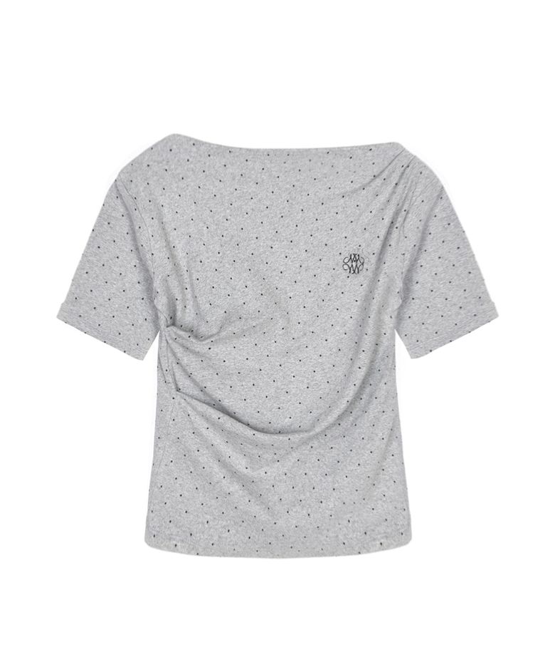 DOT HALF SHIRRING DRAPE BOAT NECK TOP_GRAY