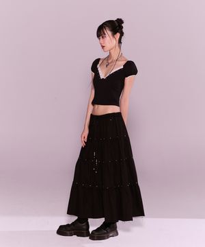 lace stud cancan long sk - black