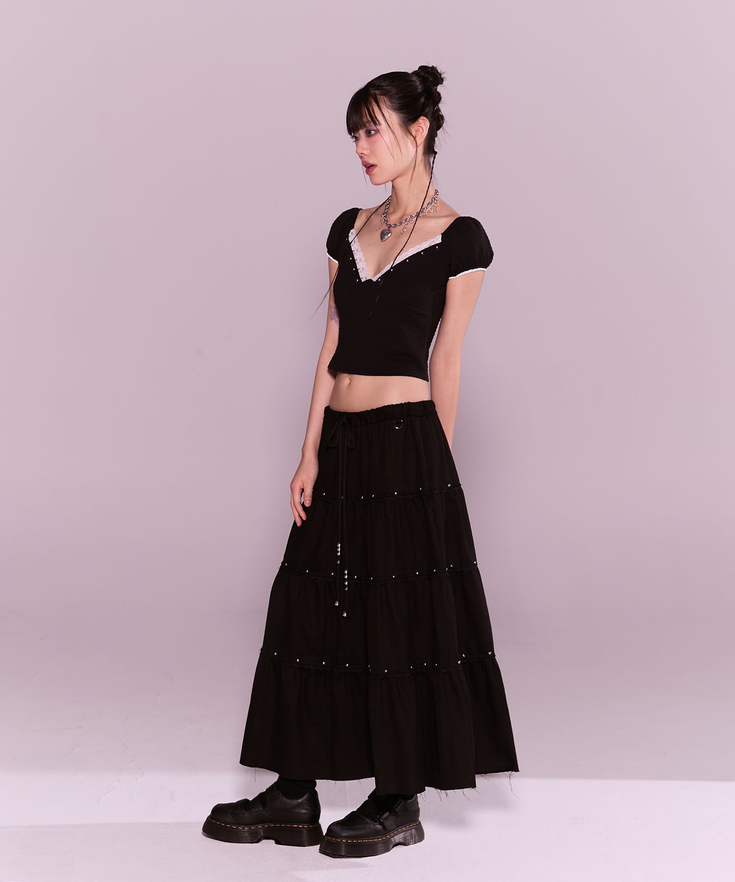 MUSINSA | CHERRYQUIRI lace stud cancan long sk - black