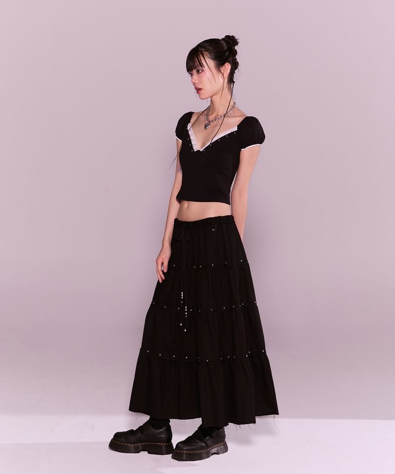 lace stud cancan long sk - black