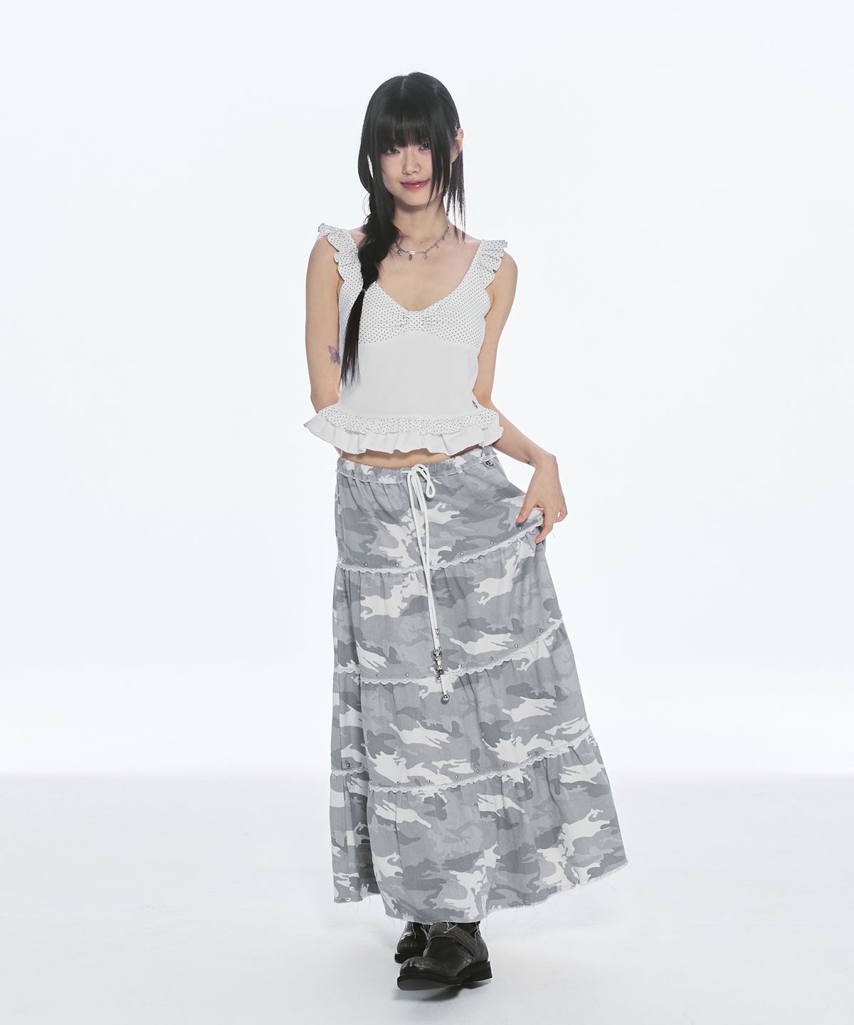 체리퀴리(CHERRYQUIRI) lace stud cancan long sk - camo