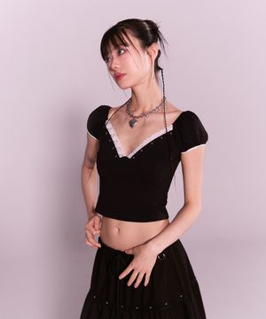 floral lace puff tee - black