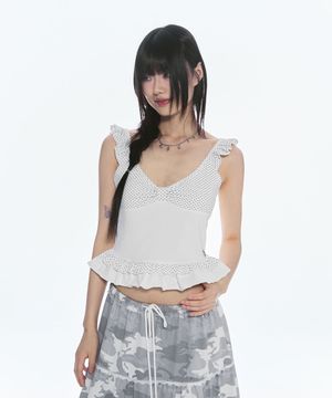 dot ribbon frill sleeveless - white