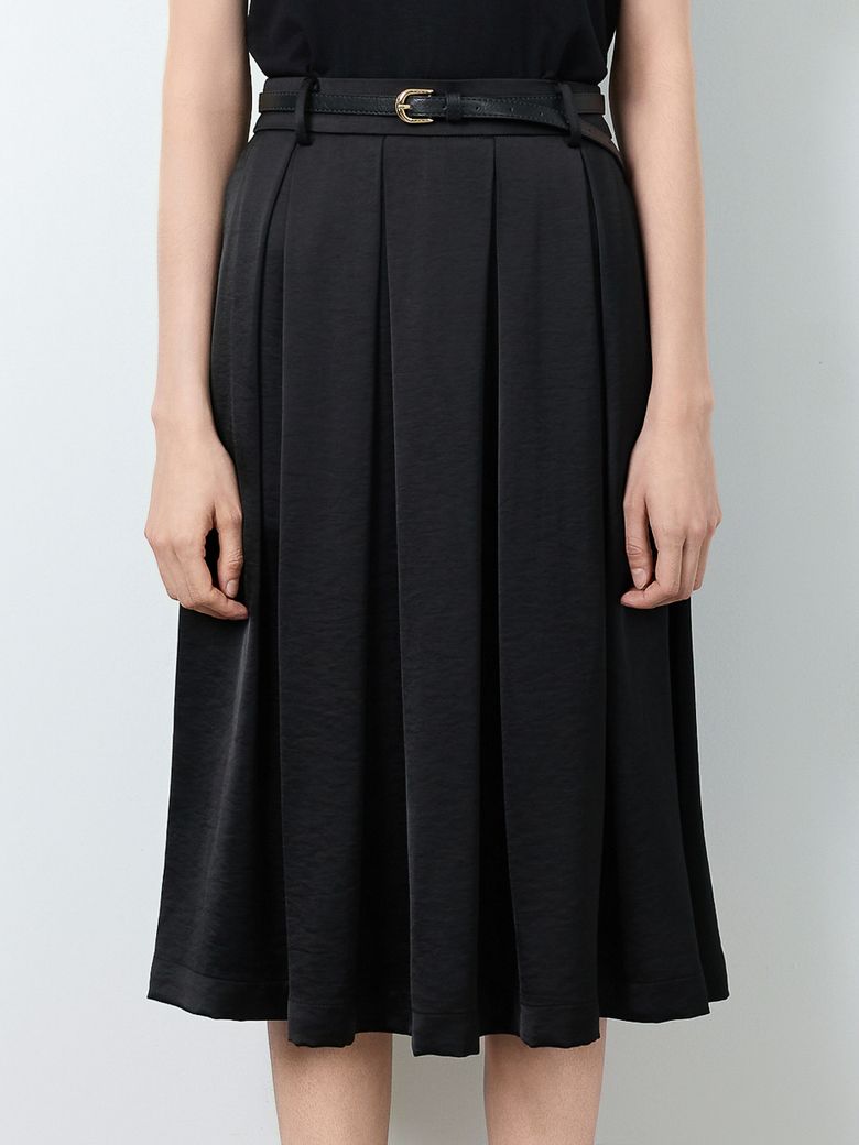 Belle Black Pleated Midi Skirt (Belt Set)