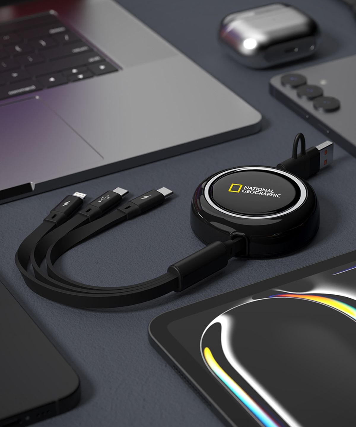 내셔널지오그래픽 모바일(NATIONAL GEOGRAPHIC MOBILE) 3 in 1 USB 릴케이블 1.2M(블랙)
