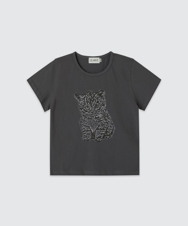 Night kitten 프린트 피그먼트 티셔츠 챠콜 (우먼)