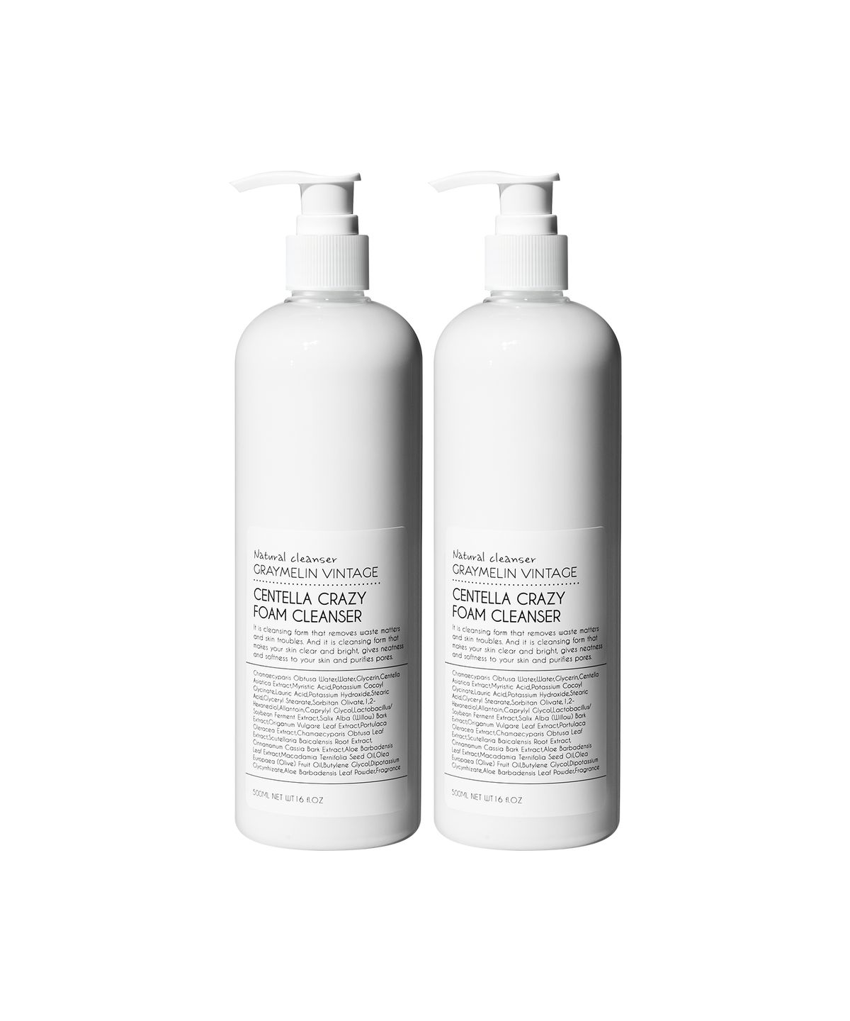 그레이멜린(GREYMELIN) 크레이지 대용량 진정 폼클렌징 센텔라 500ml 2개