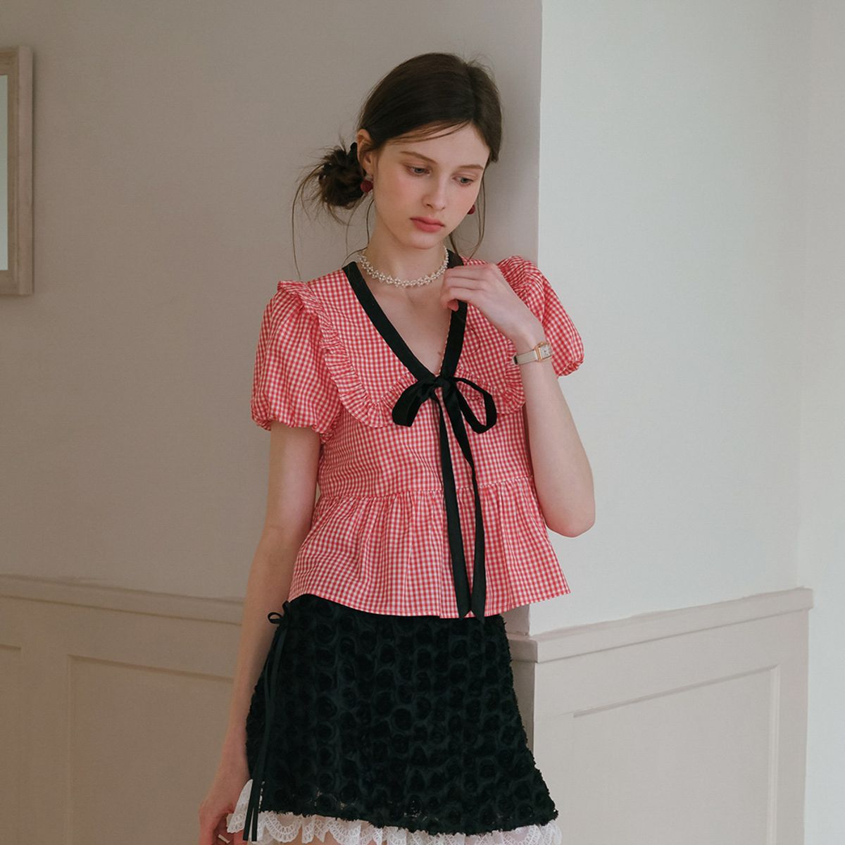쎄무아듀(CEST MOIDEW) Cest_Ribbon lapel puff sleeve blouse