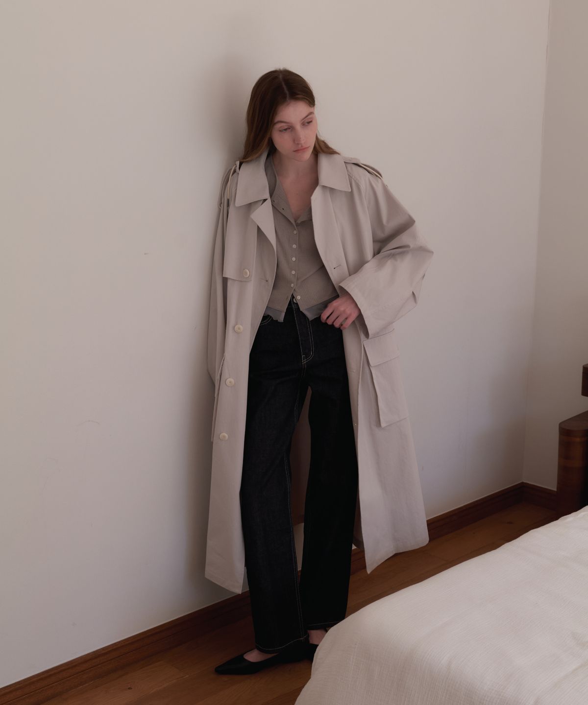 앤테(AENTE) Hooded oversized trench coat - Light gray