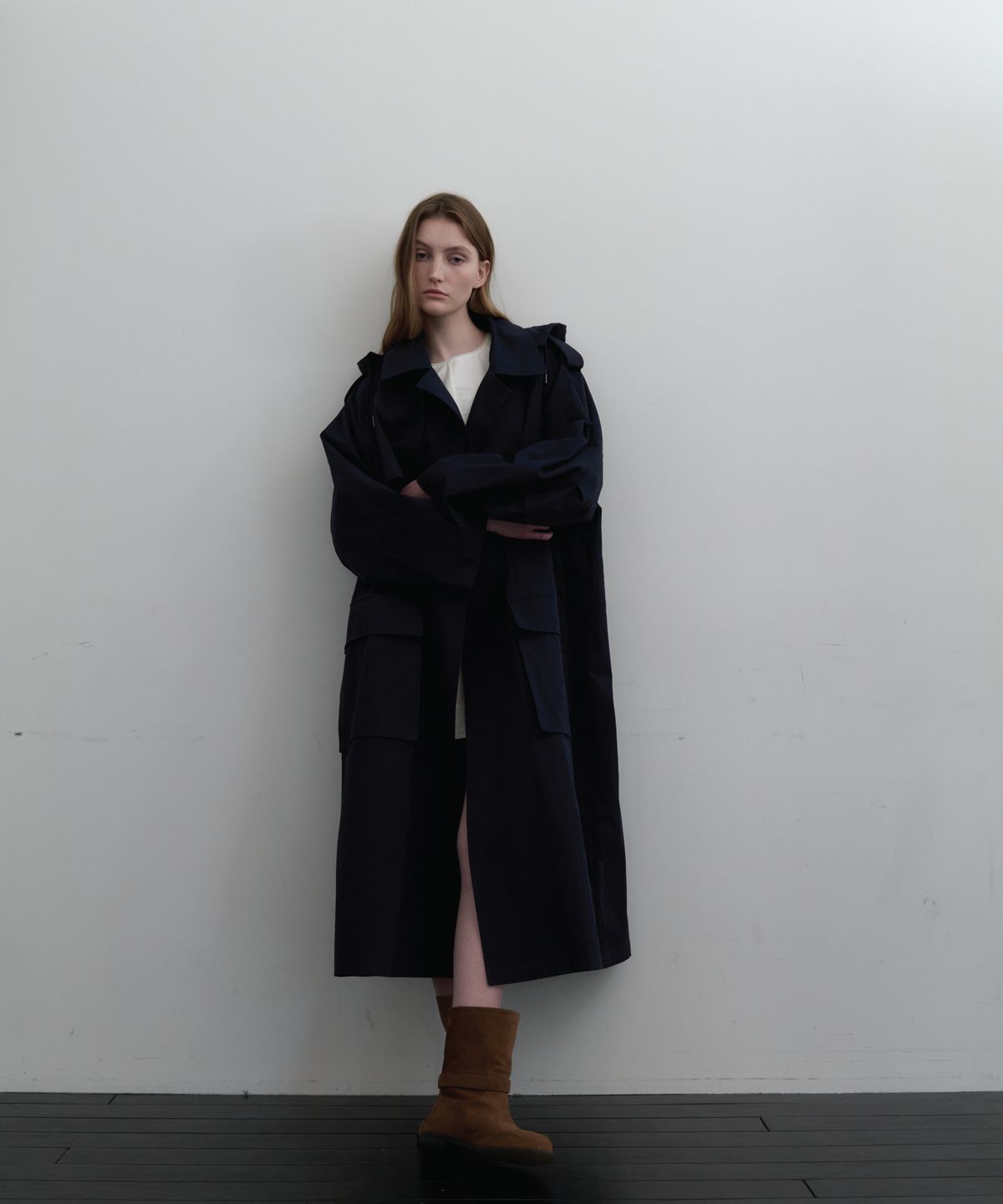앤테(AENTE) Hooded oversized trench coat - Navy