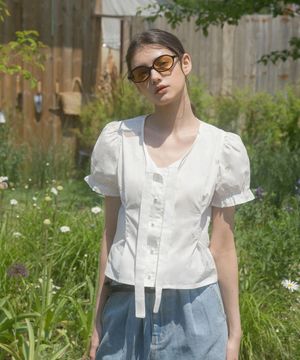 플라워 타이 진주 블라우스