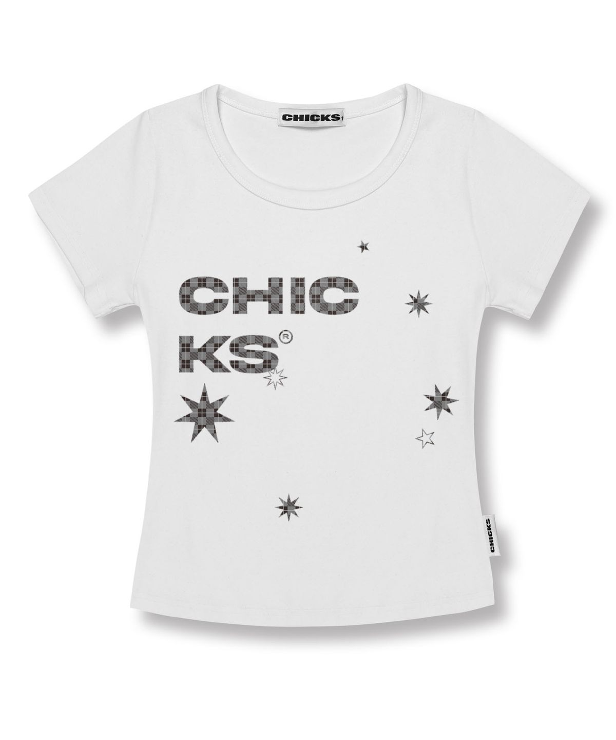 칙스(CHICKS) 체크 언발스텔라 슬림핏 반팔 티셔츠 화이트