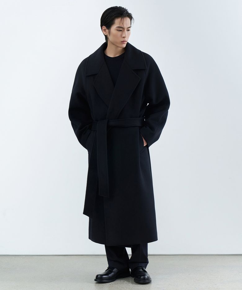 캐시미어 블렌드 오버사이즈 더블 로브 코트 [네이비]