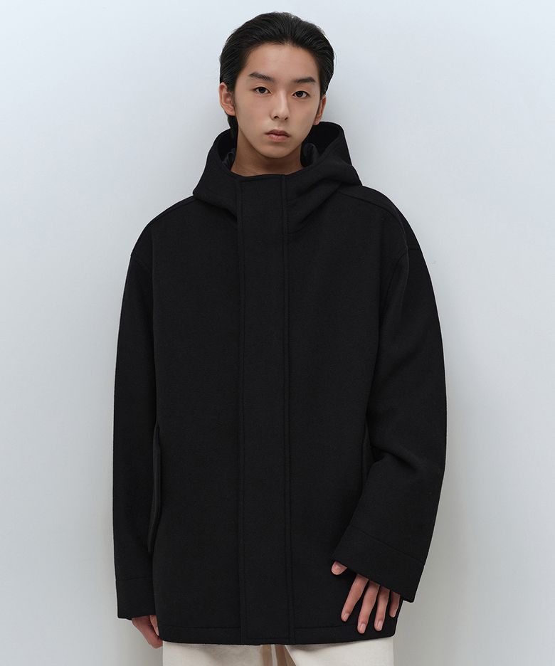 울 블렌드 오버사이즈 후디드 쇼트 코트 [블랙]